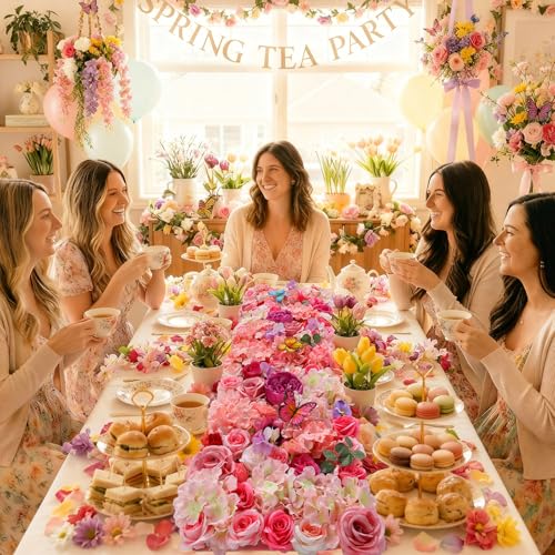 Breling 40 x 14 Inch Artificial Flower Floral Tea Party Table Runner Spring Pink Floral Wonderland Party Decoration Pink Flower Table Centerpiece Afternoon Tea Decor for Spring Bridal Wedding Birthday