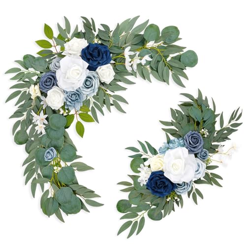 Wedding Arch Flowers (Pack of 2), Artificial Dusty Blue Flowers Faux Flower Swag Welcome Sign Floral Arrangements for Wedding Ceremony Reception Party Home Decor - color: Blue