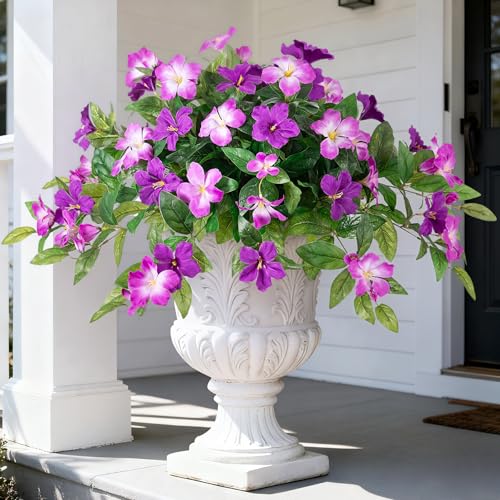 INXUGAO Artificial Hanging Faux Flowers for Outdoors Planters 2PCS Fake Flowers Silk Hibiscus Flowers for Outside Outdoor Faux Hanging Plants UV Resistant Spring Home Front Porch Decoration - color: Mt Azalea H-mix Purple 1 & 3