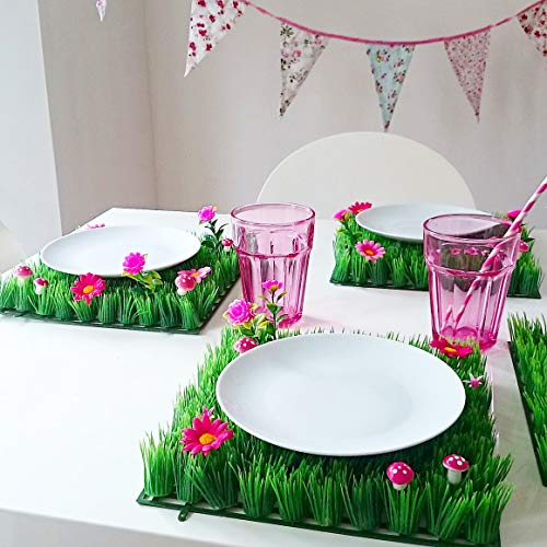 Artificial Grass Place Mat Set of 4 | Flower Table Mats for Tea Party, Garden Party, Kids Birthday, Fairy & Unicorn Decorations | 10x10 Inch Green Placemats