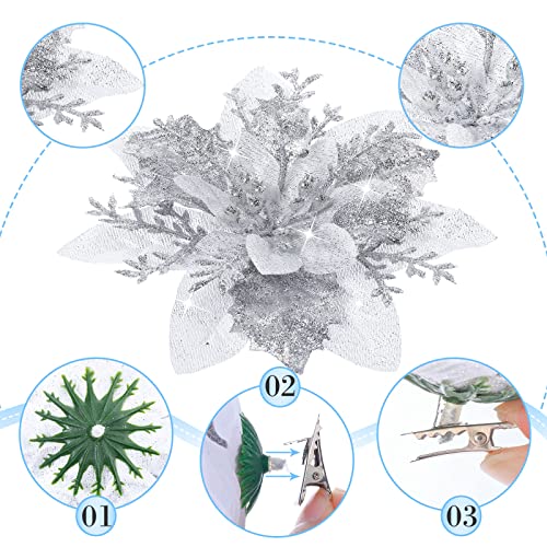 Geosar 36 Pcs Christmas Glitter Artificial Poinsettia Flowers Xmas Poinsettia Artificial Wedding Flowers Decorations Xmas Tree Ornaments with Clips for Party, 6 Inch, 4 Inch, 3 Inch(Silver) - color: Silver