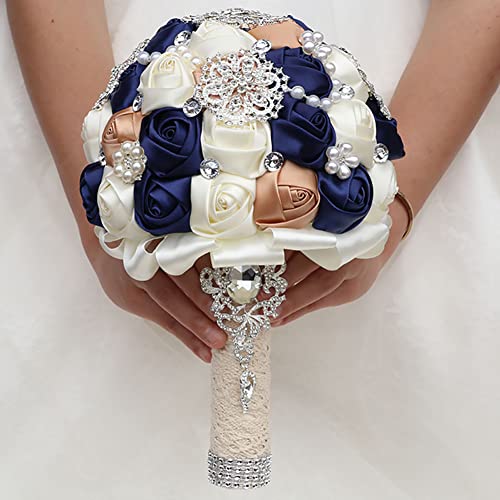 Sharebeauty 7.9 Inch Handmade Satin Rose Bridal Bouquet Toss Round Wedding Bouquet Throw Toss Artificial Flower Bunch Navy Blue + Brown Yellow + Ivory - color: W3217d14 Navy Blue/Brown Yellow/Ivory