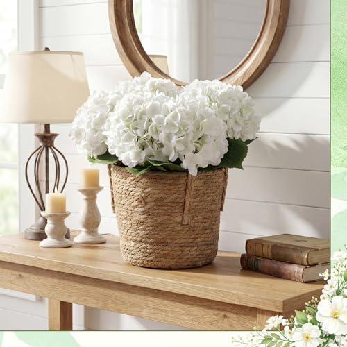 6 Pcs 14 Inch White Artificial Hydrangea Flowers with Woven Handle Basket and Floral Foam, Full Silk Fake Hydrangeas Kit for Handheld Bouquet Wedding Table Centerpieces Home Decor