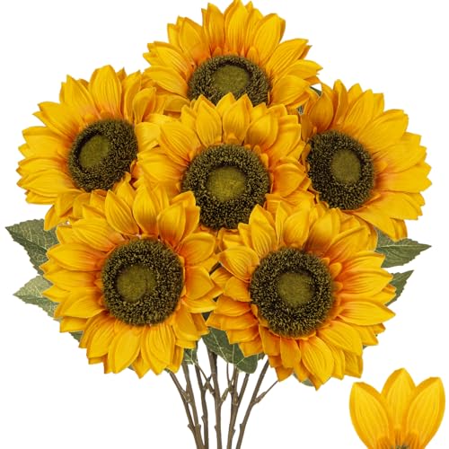 Large Silk Yellow Sunflowers Artificial Fall Flowers 26" Long Stem Artificial Sunflower 6 Pcs Tall Fake Sun Flowers Vintage Faux Sunflowers Bulk with Stem for Home Wedding Birthday Party Decor - color: Vintage Yellow