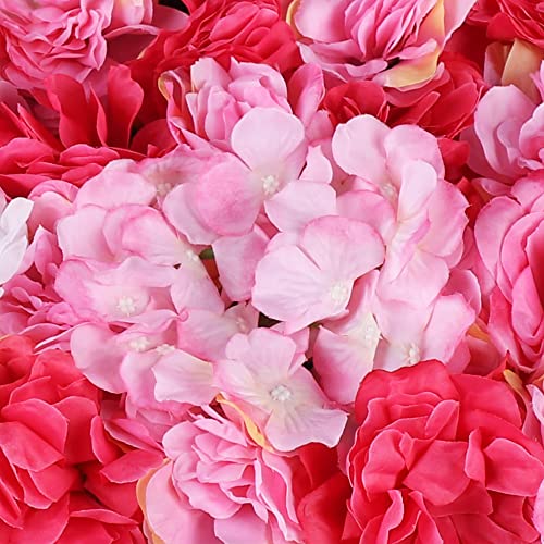 12 Pcs Artificial Flower Wall Panels 60x40cm 3D Flower Background for Wall, Wedding Flower Decorations Wall Silk Rose Panels for Photo Areas, Stage, 24 x16inch (Dahlia + Rose + Hydrangea) - color: 12 Pcs Rose Red Deep Powder
