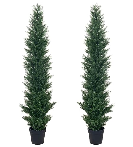 HAIHONG 2 Packs 5ft Artificial Cedar Topiary Trees - Fake Boxwood Topiary Cypress Trees Potted Plants, Artificial Plants Shrubs for Home Indoor Outdoor Garden Porch Decor - size: 5Ft-2Packs