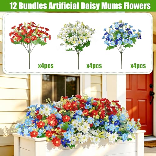 Uieke Artificial Flowers for Outdoors, 12 Bundles Daisy Mums Fake Flowers Realistic Faux Flowers Spring Summer Decoration UV Resistant for Planters Porch Patio Garden Window Box Outside Home Decor - color: Red, White, Blue, size: 12
