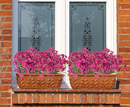 Ouddy Decor 12 Bundles Artificial Flowers for Decorations Fake Silk Plants for Outdoor Indoor UV Resistant Faux Plastic Greenery Stems for Window Garden Porch Home Spring Summer Decoration, Rose Red - color: Rose Red, size: 12 Bundles