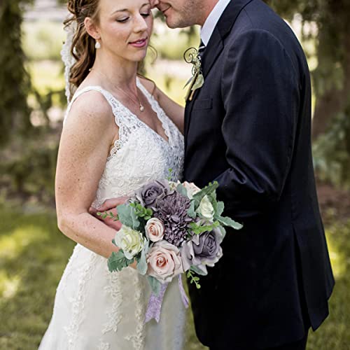 Rinlong 9" Wedding Bouquet for Bride, Pastel Purple Silk Bridal Bouquet - color: 18-light Purple