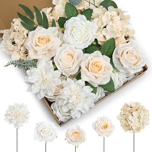 80Pcs Artificial Flowers Combo, Champagne Fake Silk Flowers Decor with Stems for DIY Roses Wedding Party Centerpieces Bridal Bouquets Cake Decorations Arrangements Indoor Outdoor - color: Champagne