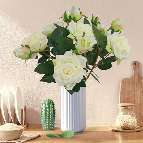ATFL Ivory White Flowers, Ivory Roses,6 Pcs Faux Silk Real Touch Moisturizing Artificial Rose Flowers for Decoration DIY, Wedding Party, Home Office Decoration and Dining Table Centerpiece (6, White) - color: White