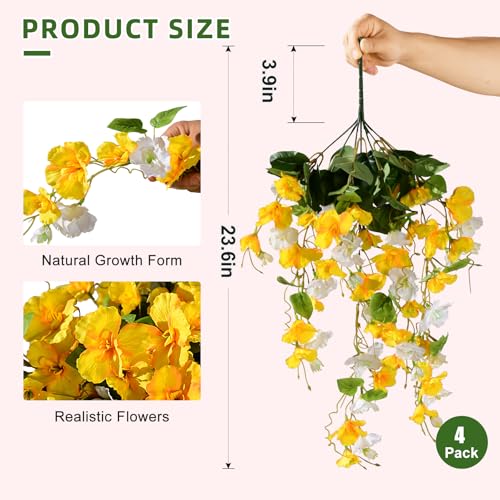 Hibiscus Artificial Hanging Flowers Plants for Outdoors 4 Pcs Fake Flower Faux Silk Hibiscus Long Trailing Vines Realistic Flower for Front Door Porch Patio Balcony Garden Yard (4 Pcs Yellow+White) - color: 4 Pcs Yellow+white