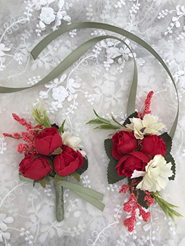 Rose Wedding Wrist Corsage and Boutonniere Set Party Prom Hand Ribbon Flower Suit Decor (Red) - color: Red