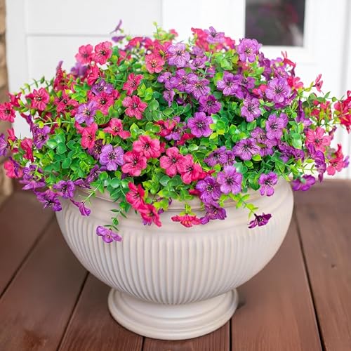 HyeFlora Artificial Flowers for Outdoor Indoor Garden Home Decoration, Faux Flower Daisy with Eucalyptus Leaves Fake Plants Greenery Boxwood Porch Patio, 12 Bundles (Purple Pink) - color: Purple Pink