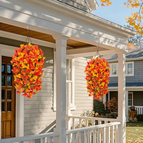 INXUGAO 2 pcs Artificial Faux Bougainvillea Fall Flowers Plants for Outdoor Outside Decoration, Fake Silk UV Resistant Long Trailing Vines for Front Door Porch Planter Balcony Decor - color: Orange Yellow