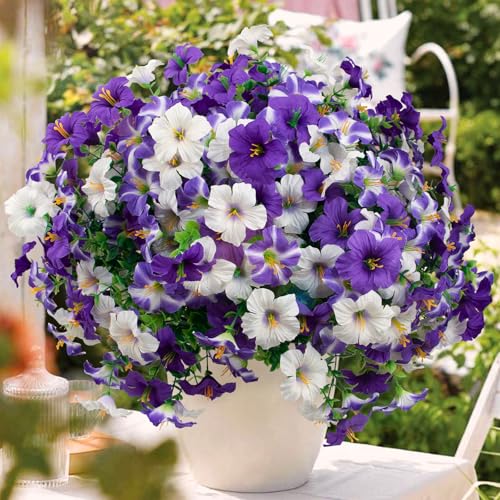 24 Bundles Artificial Flowers for Outdoors Fake Plants Spring Summer Decor, Realistic Fake Silk Flowers Colorful Morning Glory UV Resistant for Porch Outside Planter Porch Patio Yard (Purple-White) - color: White-purple, size: 24PCS