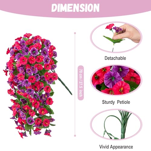 INXUGAO Artificial Fake Hanging Flowers Plants for Outdoor Spring Summer Decoration, 2PCS Faux Silk Morning Glory Long Vines Stems UV Resistant Look Real for Outside Home Porch Patio, Hot Pink Purple - color: Rose Red Violet