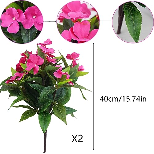 2 Branches Artificial Impatiens Flowers for Outdoors - Faux Bushes Rose Red Silk Flowers Greenery Bouquet for Patio Lawn Garden Pot Hanging Basket Porch Decoration - color: Rose Red