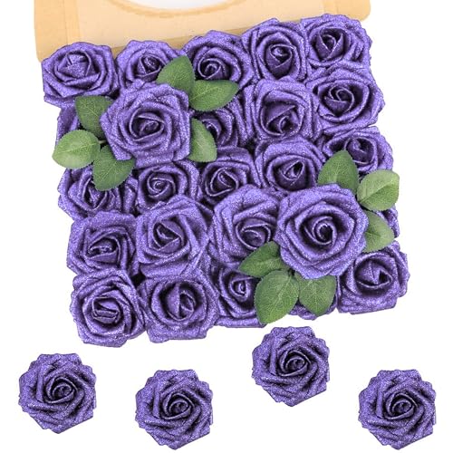 30Pcs Lavender Artificial Crystal Rose Artificial Flowers, Realistic Fake Crystal Roses for Wedding Center Decorations, Party Home Decorations, Valentine's Day, Bouquets. - color: 30pcs Light Purple