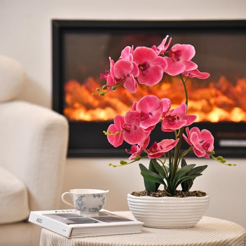 19" H Phalaenopsis Faux Orchid Plant Silk Orchid Centerpiece Artificial Floral Arrangement in Ceramic Pot (Rose Red) - color: Rose Red