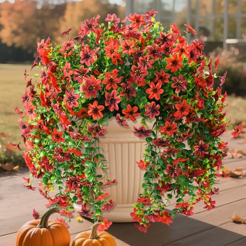 Homsunny Artificial Hanging Flowers Plants for Outdoor Fall Decoration, 2 PCS Fake Silk Daisy Planter UV Resistant Look Real for Outside Patio Porch Home Autumn Decor (Red Brown) - color: Red Brown