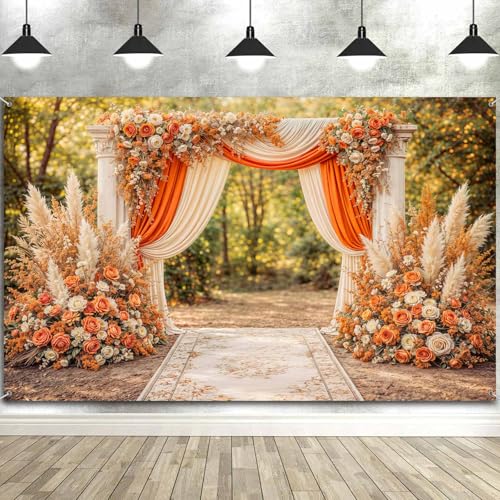 5X3ft Floral Photography Backdrop, Retro Flowers Backdrop Dreamlike Wedding Portrait Photo Background Romantic Wedding Birthday Bridal Shower Engagement Party Background Banner Decor, Orange-4 - color: Orange-4, size: 5x3ft