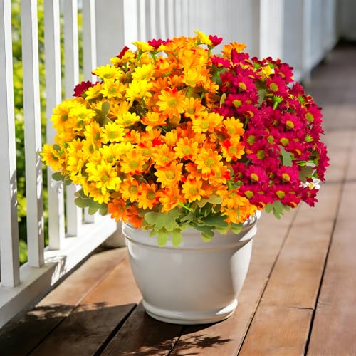 12 Bundles Artificial Daisies Flowers Outdoor Fake Plants Fake Foliage Greenery Faux Plants for Graves Hanging Outside Planter Window Box Wedding Decoration - color: Yellow , Orange, Rose Red