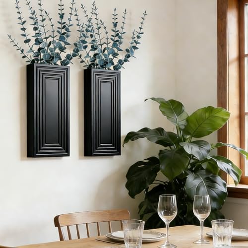Wooden Wall Planter Vase, 2 Pack Black Wood Hanging Vases with Fake Eucalyptus for Indoor Modern Boho Farmhouse Wall Art Decor for Home Indoor Kitchen Modern Farmhouse Bathroom - color: Black With Eucalyptus