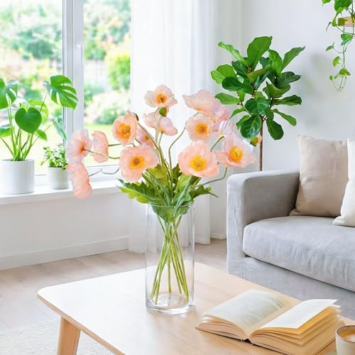 HCTCPALS Artificial Flowers for Outdoors 6 Pcs Poppy Plant Realistic Silk Fake Flowers for UV Resistant Faux Plants Outdoor Indoor Outside Front Porch Hanging Planter Decoration-23.5” Champagne - color: Poppy Champagne