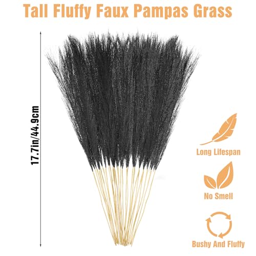 Ptwola 30pcs Black Pampas Grass Decor 17.7 Inch Fluffy Faux Pampas Grass Artificial Dried Flower Bouquet Small Vase Filler Home Decor for Gothic Living Room Decoration Wedding Halloween Party Wall