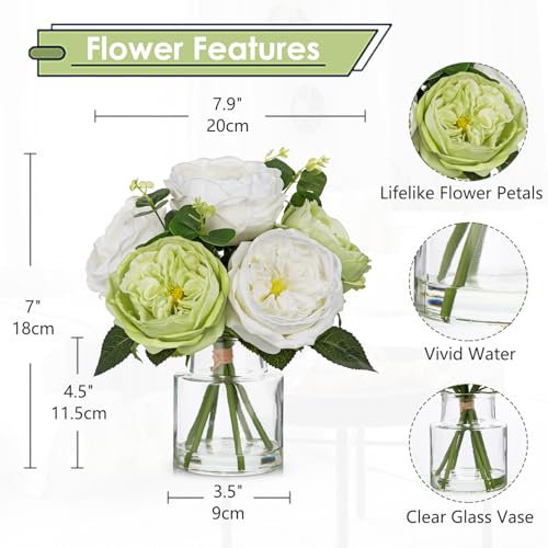 Hollyone Green Peonies Artificial Flowers in Vase Real Touch Flowers Arrangements Fake Peony with Glass Vase Silk David Austin Roses Flower with Clear Faux Water Bouquet Table Centerpiece Home Decor - color: Green and White
