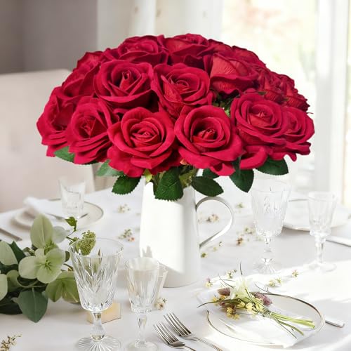 50Pcs Red Roses Artificial Flowers with Stems，Fake Roses Bouquet Fake Flowers Bulk，Silk Velvet Roses for Wedding Centerpieces Arrangement Baby Shower Birthday Home Decor Gifts - color: Red, size: 50