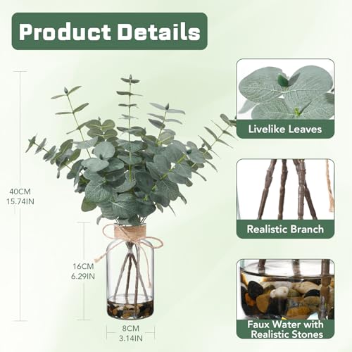 15.74” Artificial Eucalyptus Stems in Glass Vase with Faux Water & Natural Stones, Lifelike Fake Greenery for Modern Farmhouse Home Decor, Bathroom Decor, Office Desk Centerpiece - color: Sl-0973
