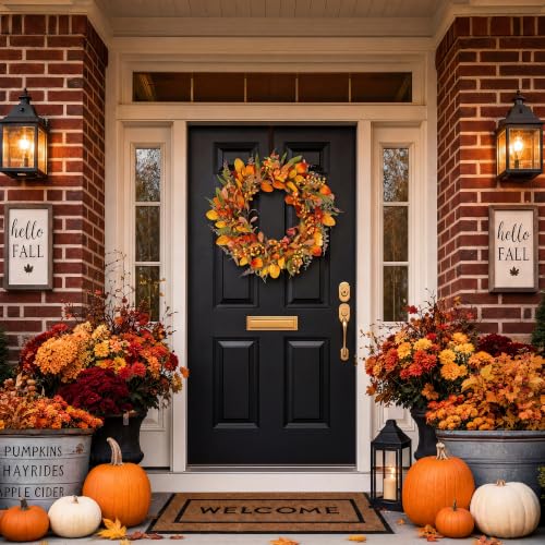 20" Fall Wreath Front Door Pumpkin Artificial Wall Decor Farmhouse Autumn Wreath Thanksgiving Home Porch Outdoor Indoor Holiday Harvest Decor - color: Beige, size: 20''