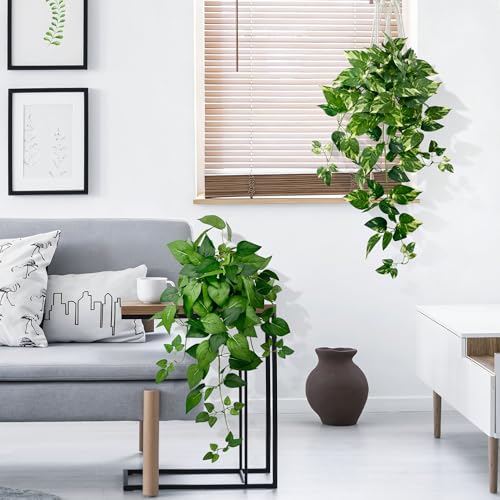 Artificial Hanging Plants with White Pots –2 Pack Fake Pothos Potted Plants Faux Ivy Vines 23.6‘’, Realistic Greenery Hanging Fakeplants Indoor for Home Decor, Bedroom, Bathroom, Office, Living Room - size: 23.6''
