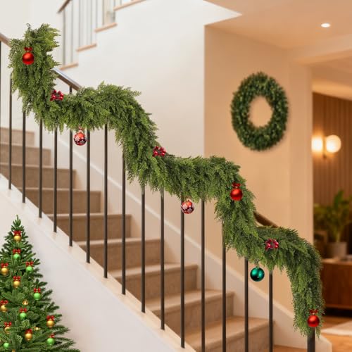 Cedar Garland 6ft Christmas Garland Real Touch Garland Artificial Realistic Greenery Cypress Pine Garlands for Mantle, Fireplace, Stairs,Table, Doorframe Vintage Outdoor Indoor Christmas Decorations