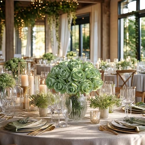 Ivydale 18pcs Green Roses Artificial Flowers, Fake Roses Silk Flowers with Stems Realistic Bouquet for Mother's Day Wedding Party Home Decoration DIY Centerpiece Floral Romantic Gifts - color: Rose-green