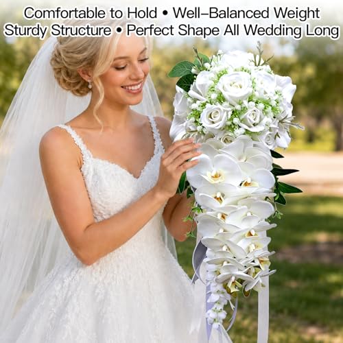 LeCoirrax Bridal and Bridesmaid Wedding Bouquet, White Calla Lily 11.8in x 27.5in Bridal Bouquet Stacked Silk Flowers for Ceremony Anniversary