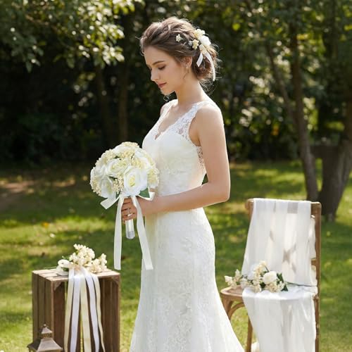 Janinka 10 Inch Large Wedding Bouquets for Bride Bridesmaid Artificial Rose Flowers Paired with Silk Ribbon and Rhinestones Bridesmaid Bouquet for Proposal Party Church Decoration(Milky White,Rose) - color: Milky White, style: Rose