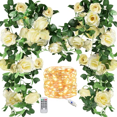 FiveSeasonStuff Product Image 29 Ft 4 Pack Cream White Rose Silk Flower Garland Artificial Flowers Decoration Hanging Floral with 66 feet String Lights - color: Cream White With String Lights