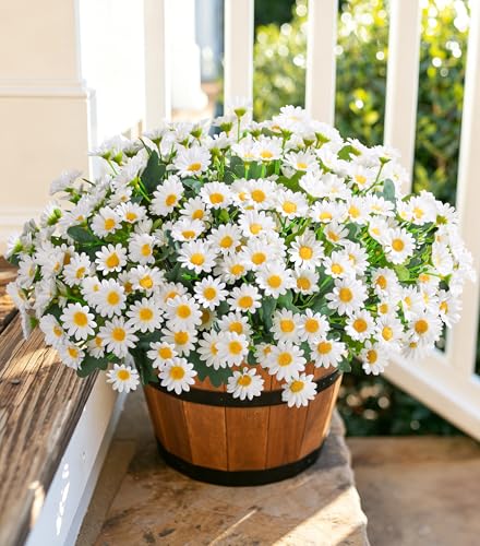 Daisy Artificial Flowers for Outdoors Decoration, 6 Bundles Fake Plants Flowers Bouquet White Faux Flowers for Outdoor Planter Look Real UV Resistant Silk Flowers for Outside Front Door Porch Patio - color: White