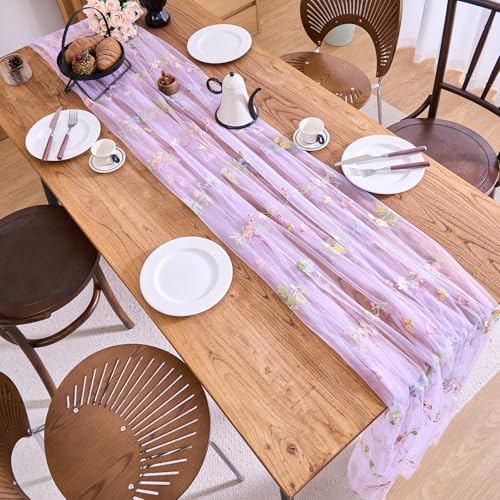 vctops 2 Packs Embroidery Lace Fall Table Runner 10ft Floral Garden Seasonal Tulle Table Runner Holiday Kitchen Dining Table Decoration for Wedding Party Baby Shower Birthday (Purple,30"x120") - color: Purple