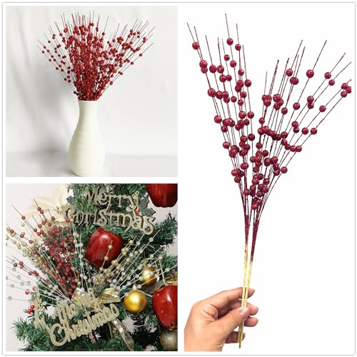 PASYOU Artificial Glitter Berry Stem Ornaments, Bright Berries Decorative Bead Sticks Glittery Twigs Picks Branches for Home Christmas Tree Holiday Wedding Party Vase Decor 17 Inch Red 10 Pack - color: Glitter Berry Sticks - Red 10 Pack