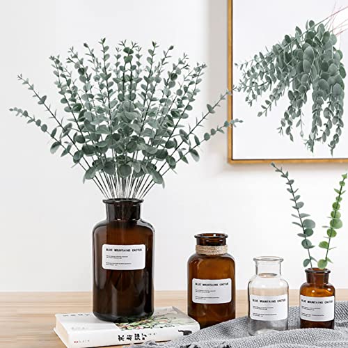 ABAJI 24 PCS Eucalyptus Stems Plastic Vivid Leaf Decorations Artificial Leaves Fake Faux Greenery Plant for Home Office House Table Desk Decor Wedding or Party Vase Forever Live - color: Black