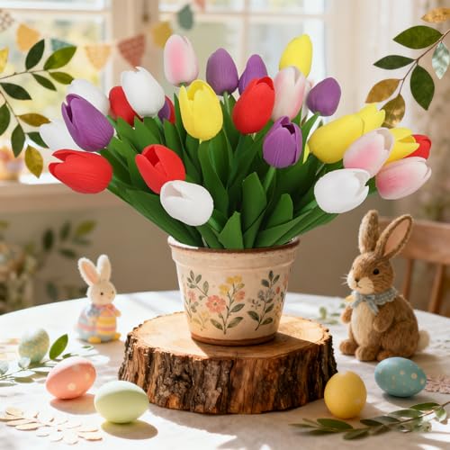 Artificial Tulips Flowers Fake Latex Tulip Stems - 30pcs Real Touch Faux Multicolor Tulips Flower for Easter Spring Wedding Bouquet Centerpiece Floral Arrangement Cemetery Table Decor - color: Multi-color01