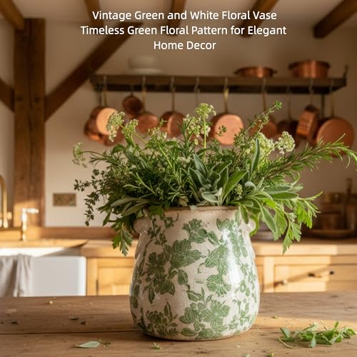 Vintage Green and White Ceramic Floral Vase Planter, Rustic Crackle Glaze Pottery Jar, Hand-Painted Floral Pot Design for Flowers or Plants, Farmhouse & Cottage Home Decor Accent - size: Large - Belly Jar without Drainage Hole