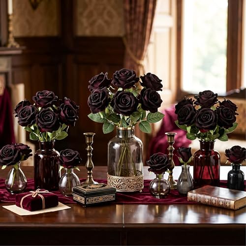 Auihiay 14PCS Black Magic Artificial Roses, Realistic Silk Fake Roses Flowers with Long Stem for Gothic Wedding Decor, Party Garden Decoration & Home Table Decorations - color: Burgundy-black Tinted