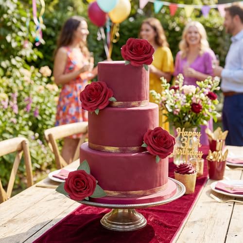 25PCS Burgundy Roses Artificial Flowers 3.94" Large Silk Roses with Stems Real Look Artificial Roses for Wedding Table Centerpieces Arrangement Home Decor(Burgundy) - color: Burgundy