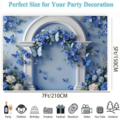 Blue Flowers Butterfly White Arched Doorway Backdrops Light Blue Background Rose and Green Leaves Wedding Photography Backdrop Bridal Shower Wedding Anniversary Decorations Backdrop (A, 8 * 6feet) - color: A, size: 8*6feet