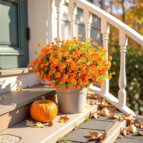 Artificial Mums Fall Fake Flowers for Outdoors, 10 Bundles Faux Mums Autumn Decorations,UV Resistant Silk Flowers Plastic Plants for Outside Front Porch Garden Patio Home Planters Decor (Orange) - color: Orange